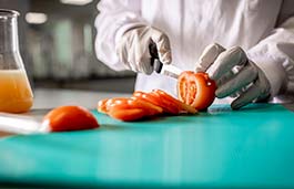 close up of a person in lab coat and gloves cutting up a tomato