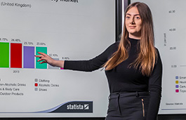 female presenting and pointing to charts