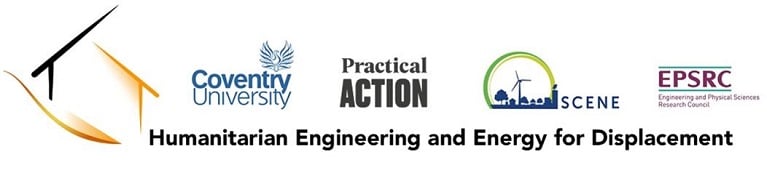 Logos for Humanitarian Engineering and Energy for Displacement, Coventry University, Practical Action, Scene Connect and Engineering and Physical Sciences Research Council