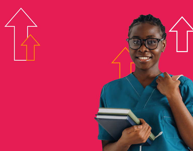 Nursing student with a bag and books smiling