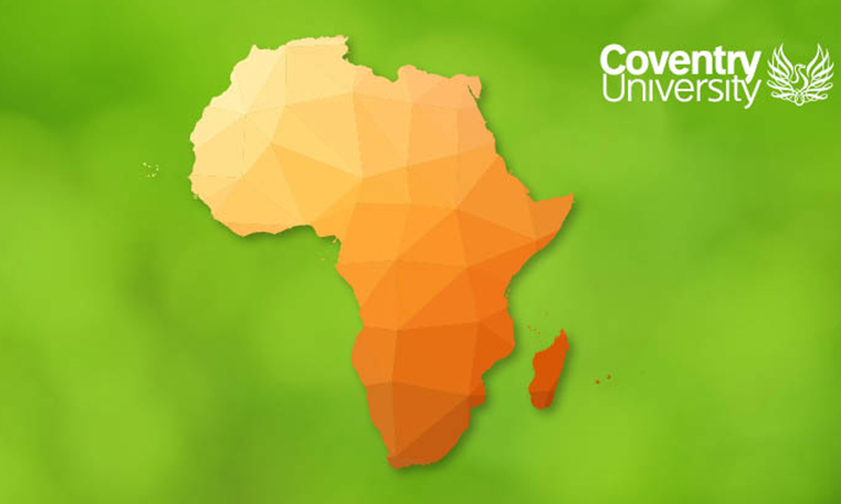 Orange map of Africa on a green background with a Coventry University logo in the top right corner