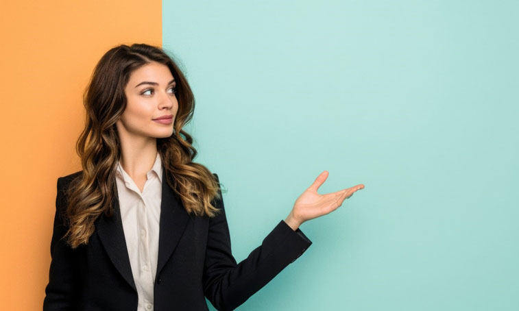 Woman in front of a teal and orange backdrop in a presenting pose