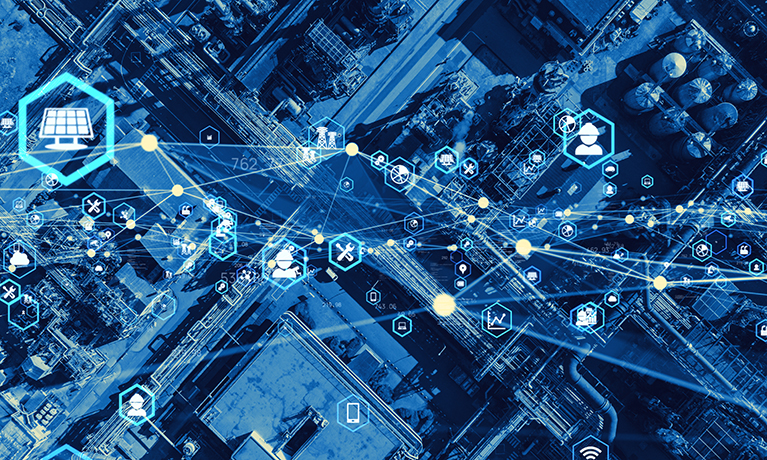 Industrial technology concept with symbols representing supply chain