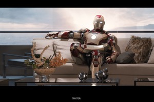 Screenshot from Iron Man 3 film of Iron Man sitting on a sofa
