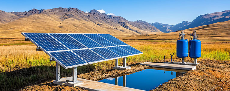 Solar panels in a field with mountains in the background