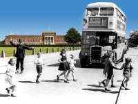 Artwork showing children crossing road outside Civic Centre