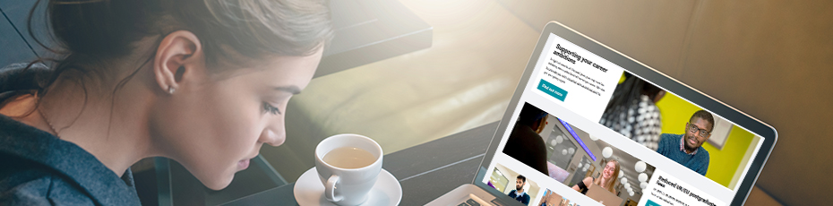 Woman studying online with a laptop and coffee