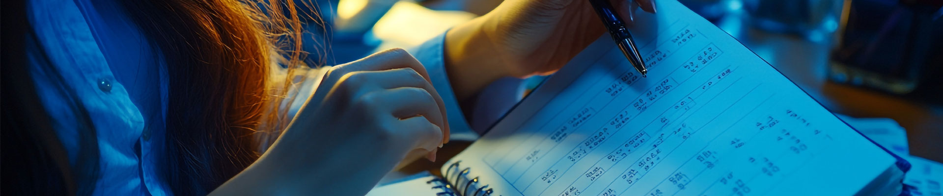 A businesswoman organising her tasks by reviewing a planner and noting important dates on a calendar, representing effective time and event management in the workplace.