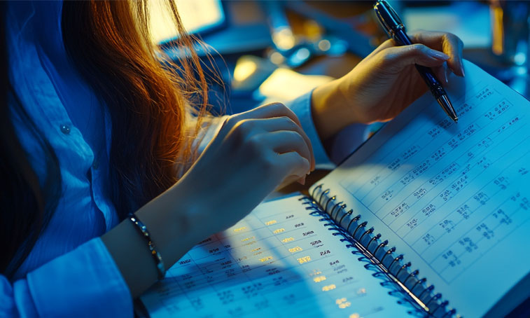 A businesswoman organising her tasks by reviewing a planner and noting important dates on a calendar, representing effective time and event management in the workplace.