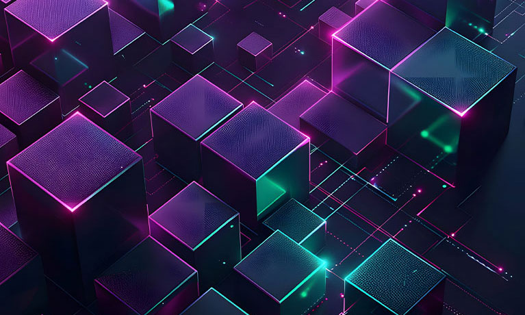 Purple and green 3D squares on a black background