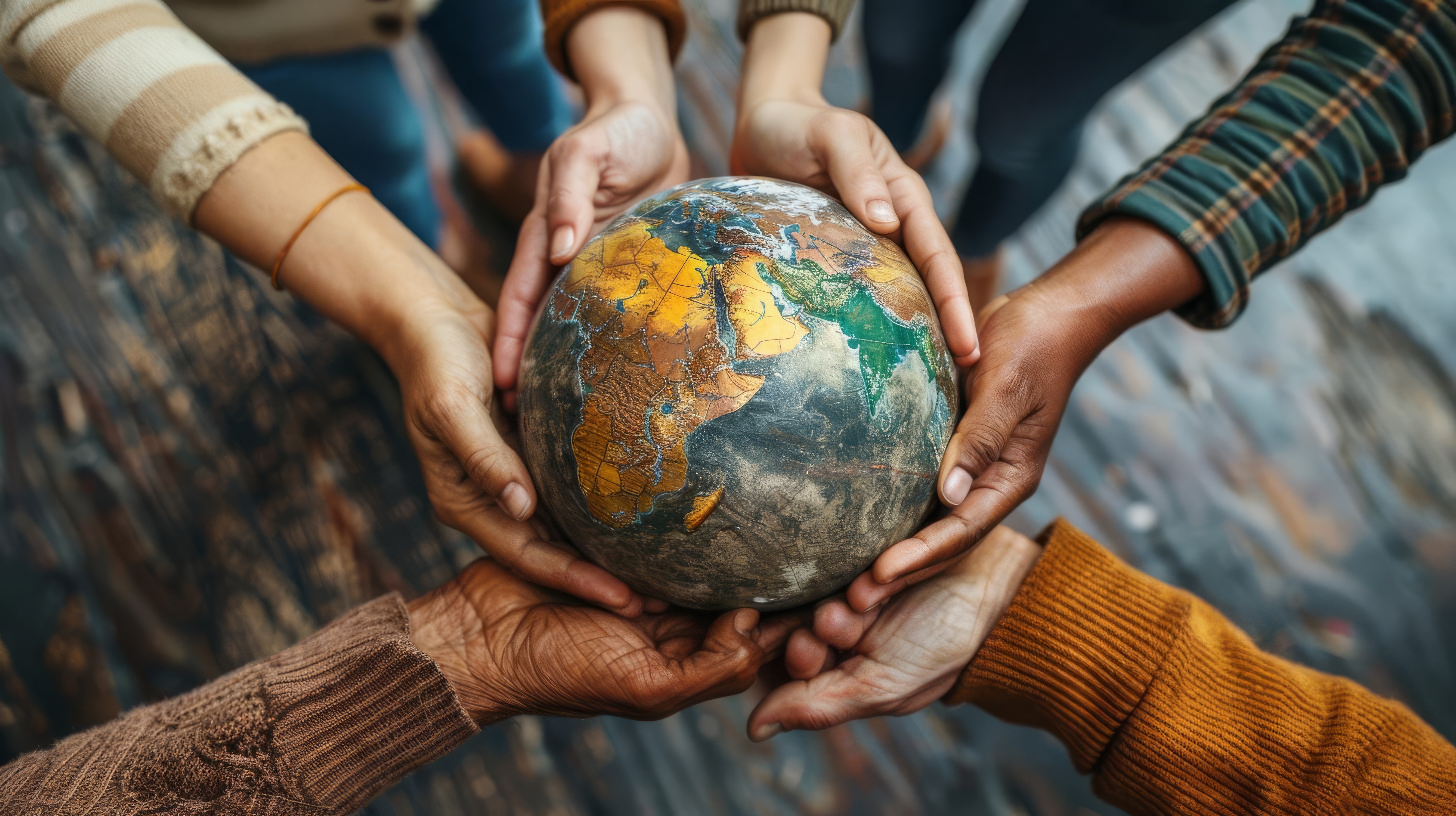 Globe held by a number of multi-ethnic hands