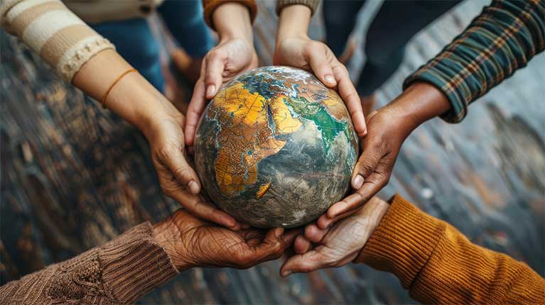 Globe held by a number of multi-ethnic hands