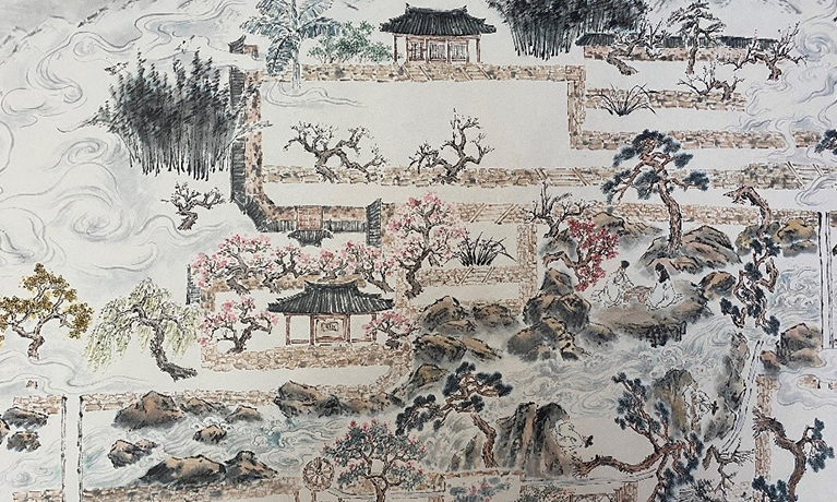 Korean artwork of a countryside landscape using muted colours