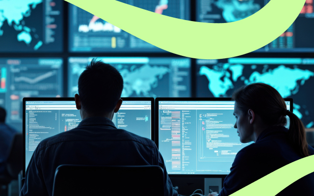 Two people working at computer screens displaying code and data dashboards in a dark, high-tech workspace.