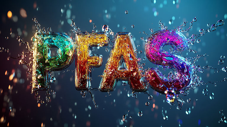 The letters PFAS in multicolours against a teal background with water droplets coming from the lettering