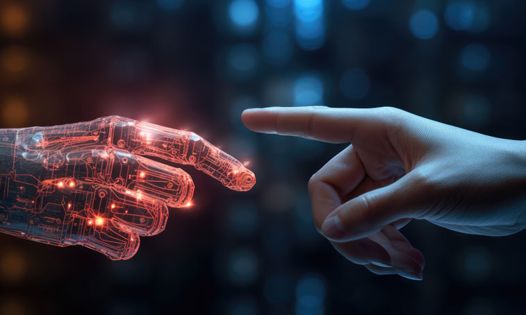 The human finger delicately touches the finger of a robot's metallic finger. Concept of harmonious coexistence of humans and AI technology