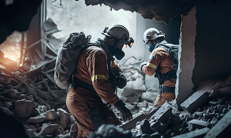 Rescue service man wearing a hard hat clears rubble of house after natural disaster. Concept Earthquake