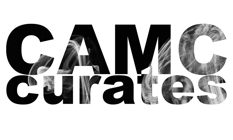 black writing that reads camc curates with white background