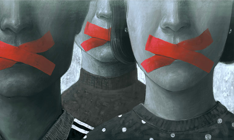 Red tape over mouths, preventing speech