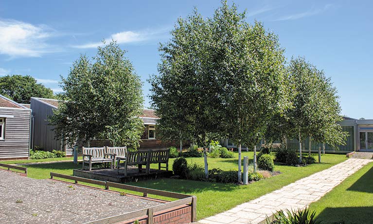 Ryton outside gardens with large trees and green grass 