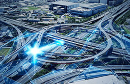 Over head view of multiple road junctions interlinking with vehicles