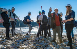 Geography students on a rocky beach with a lecturer