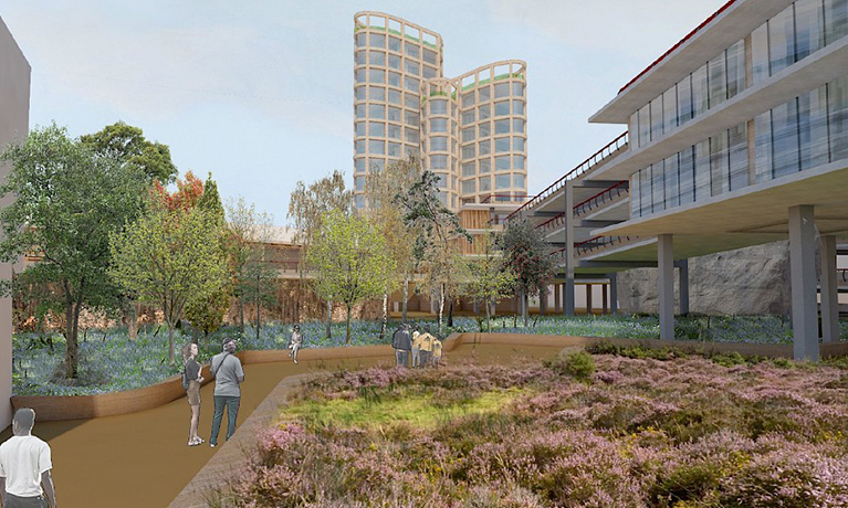 An digital illustrated image of a campus