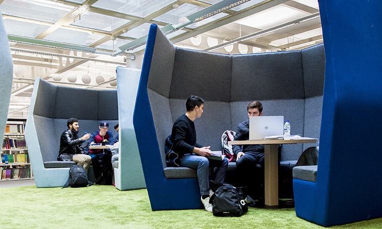 students studying in pods in the library