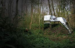 Woods surrounding a mirrored structure art piece, reflecting the ground, sky and trees