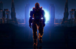 Digital image of a large robot walking away from a nighttime cityscape