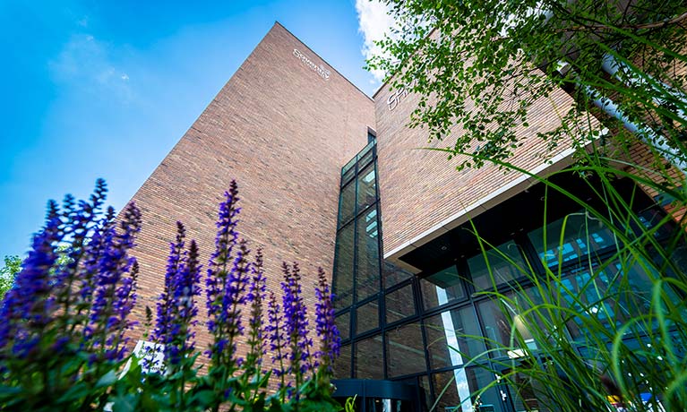 Alison Gingell building with some purple flowers