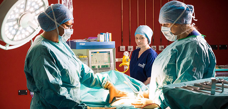 Students in scrubs in the mock operating theatre