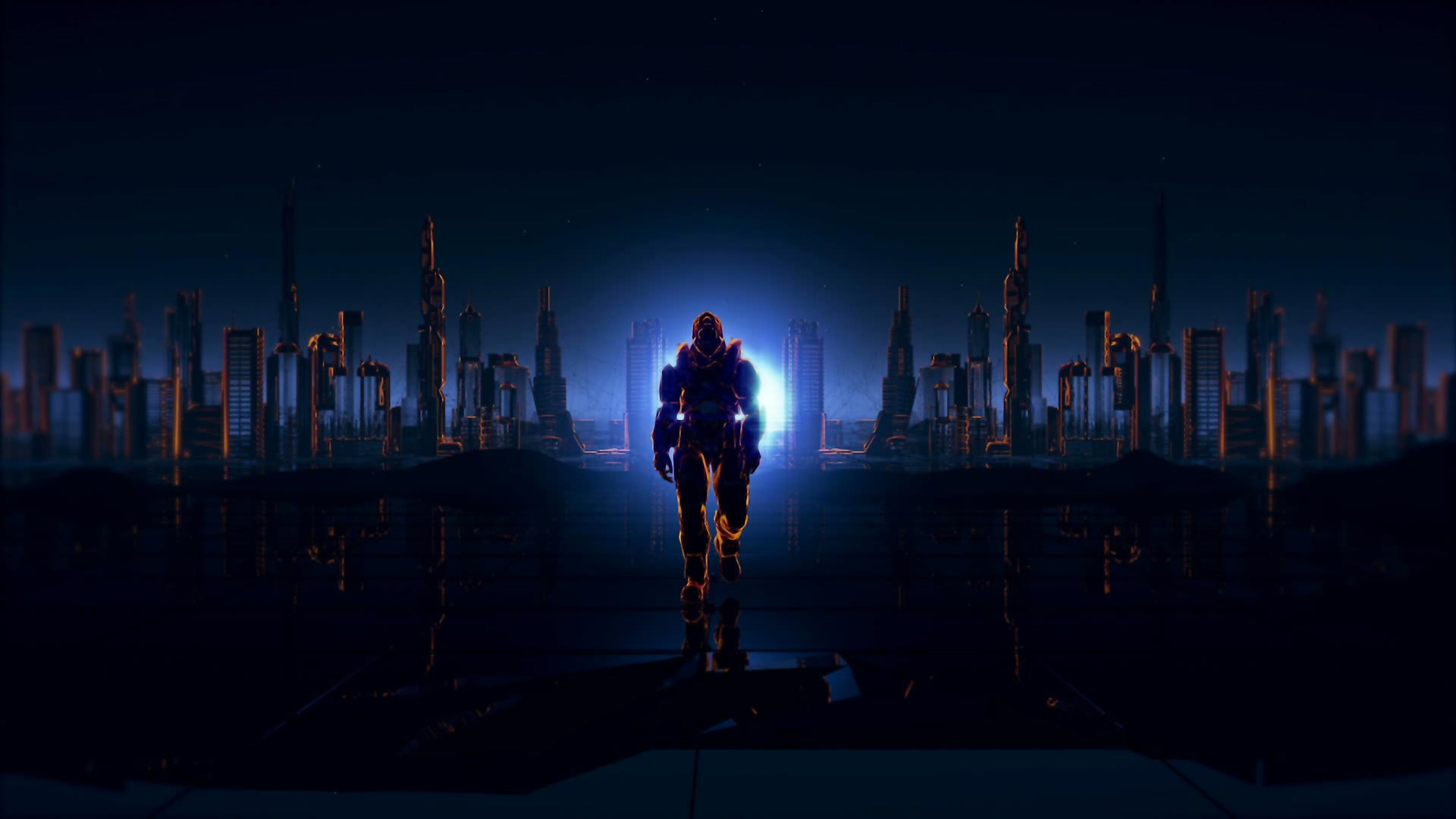 Digital image of a large robot walking away from a nighttime cityscape