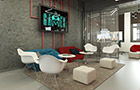 Interior design shot of chairs around tables and footstools