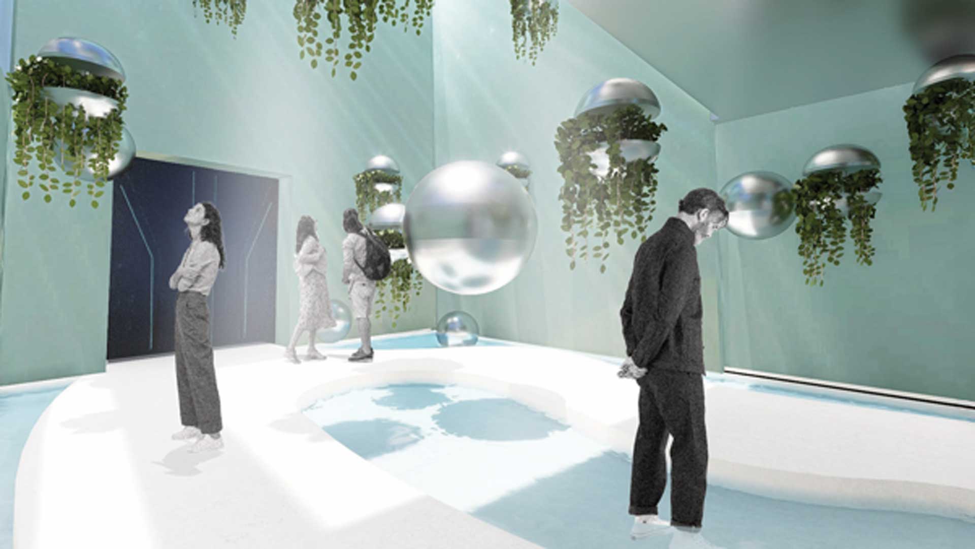 People within a bright building with sculptures