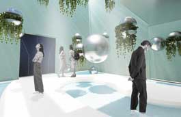 People within a bright building with sculptures