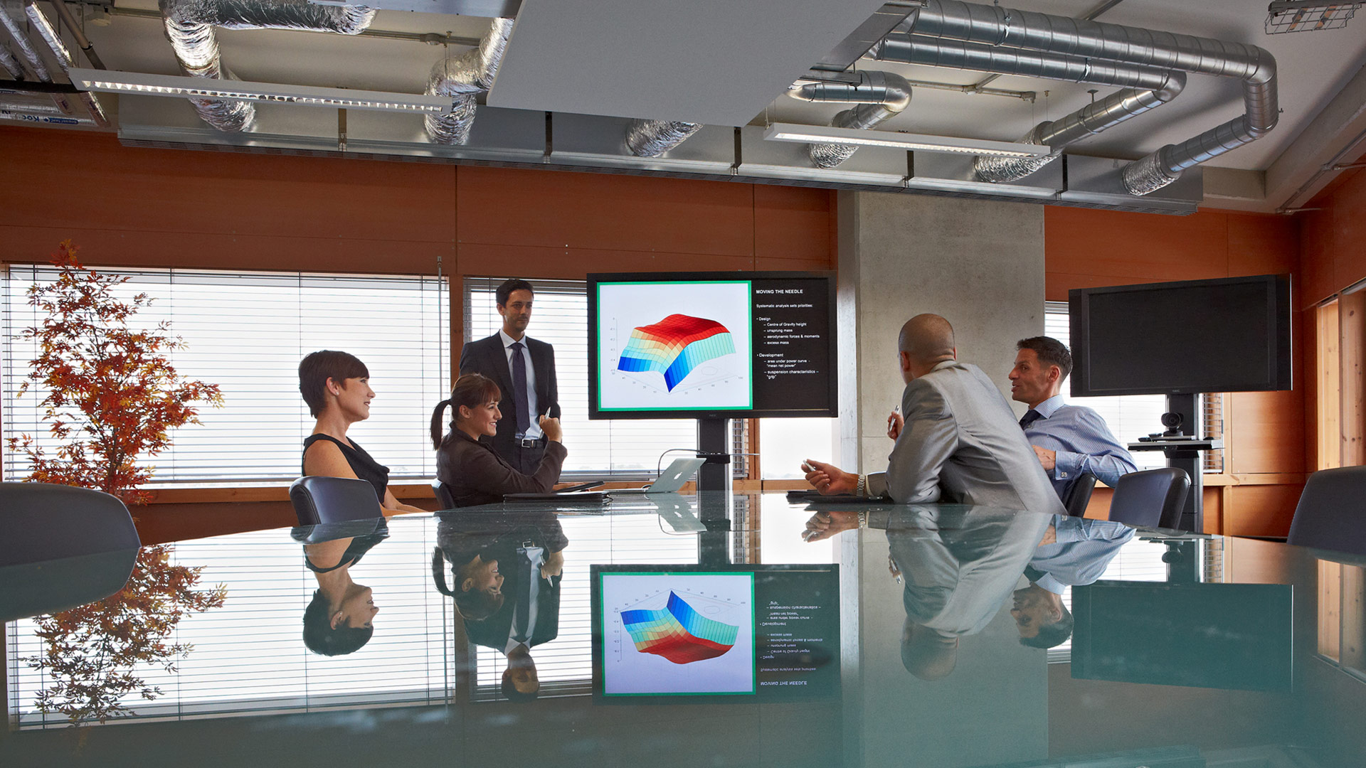 two females and three males sat around a table having a business meeting