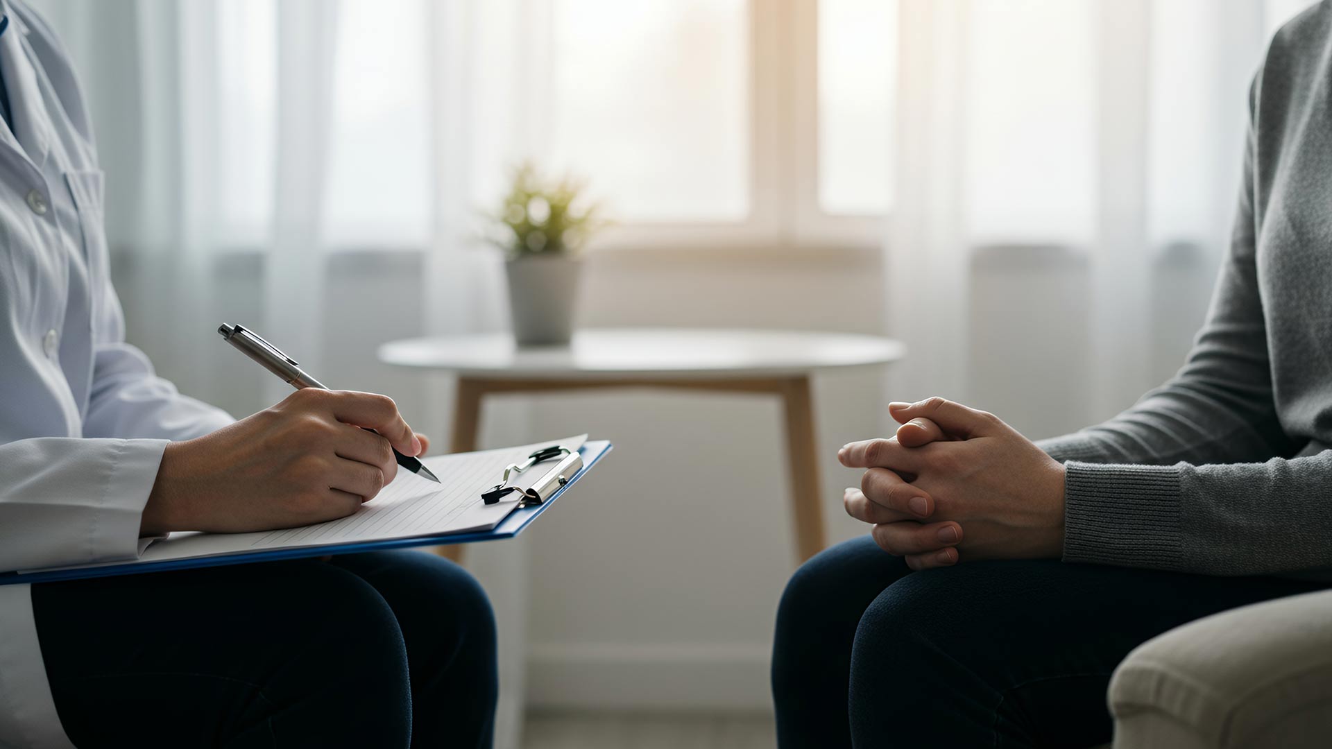 A patient and a pysychologist taking notes sat down