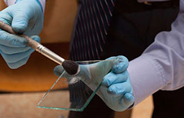 Up-close hands in blue gloves and a shirt holding a piece of glass with a brush testing carrying out an investigation