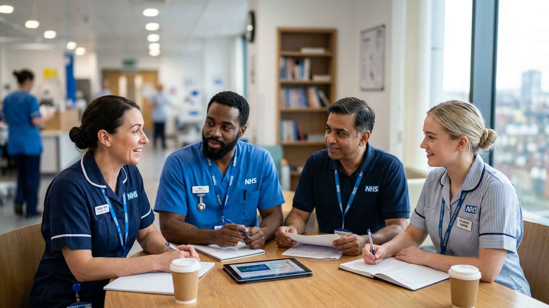 Four people in healthcare uniforms talking