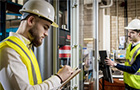 student in high vis with clipboard in engineering workshop