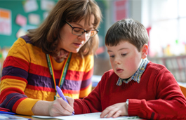 A teacher in a colourful jumper assisting a boy with Down syndrome in a red school uniform in a classroom.