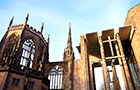 The Coventry Cathedral ruins looking up