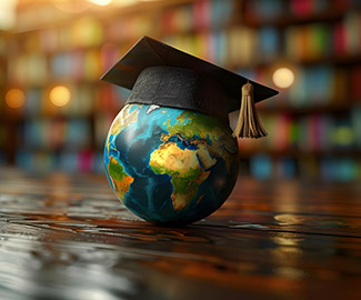 Graduation cap placed on top of a 3D globe with books blurred in the background