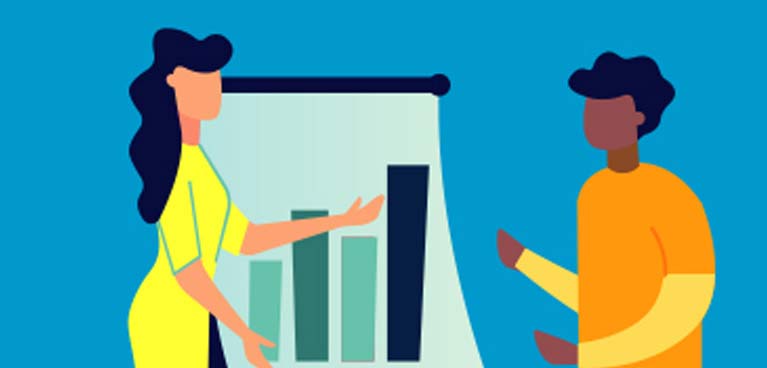 graphic image of 2 people looking at a graph on a white board