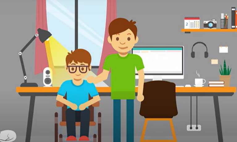 animation image of male in a wheelchair and male in bright green t-shirt standing beside the male in the wheelchair