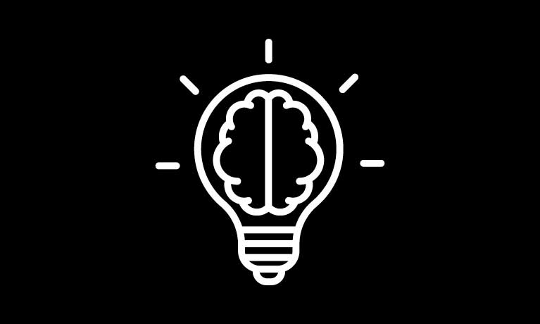 drawing of lightbulb with brain inside it white on blackground