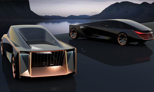 A vector illustration of two futuristic-looking cars by a lake.