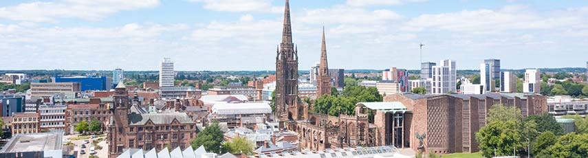 Skyline view of Coventry city centre with the cathedral spire