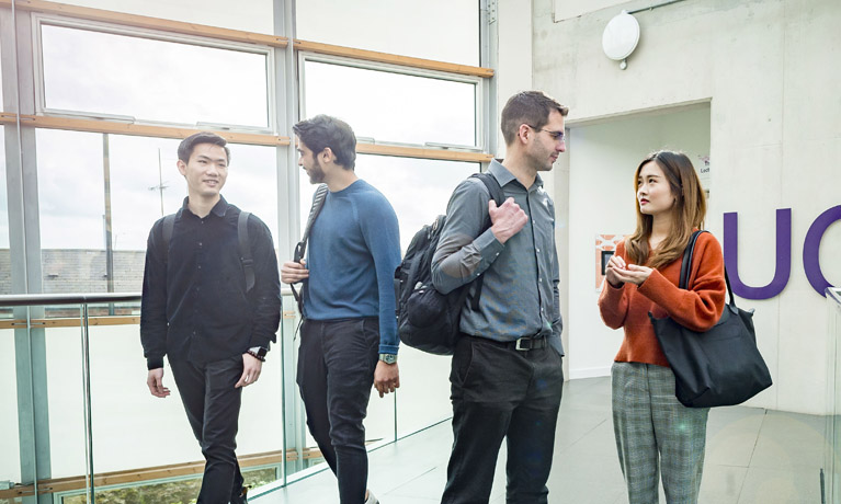 Group of 4 students in the Engineering and Computing Building